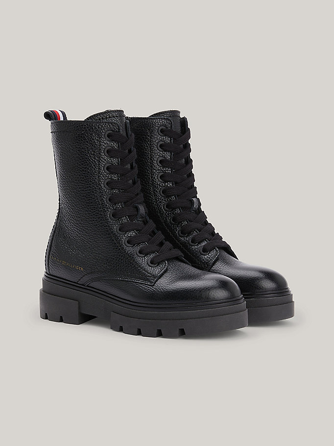 black chunky leather lace-up ankle boots for women tommy hilfiger