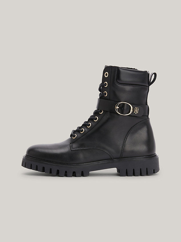 black buckle strap cleat leather ankle boots for women tommy hilfiger