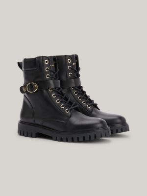 Black Studded Buckle Strap Lace Up Combat Boots With Beads