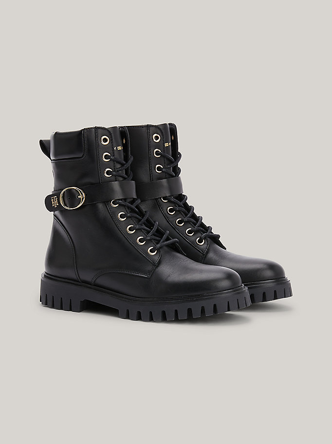 black buckle leather lace-up boots for women tommy hilfiger