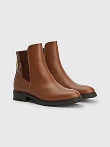 brown monogram plaque leather boots for women tommy hilfiger