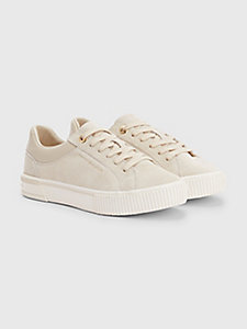 beige leather warm lined lace-up trainers for women tommy hilfiger
