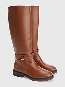 brown knee-high leather strap boots for women tommy hilfiger