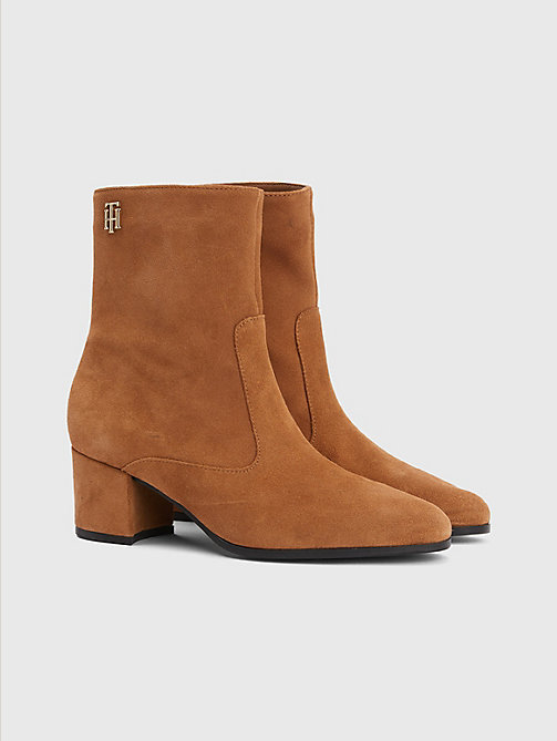 brown suede monogram plaque ankle boots for women tommy hilfiger