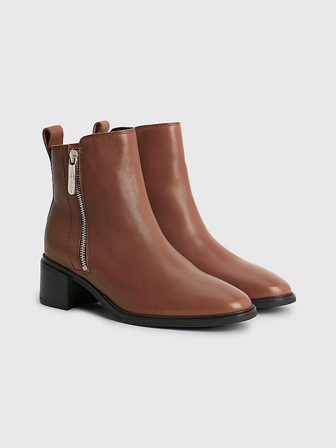 brown leather mid-heel zip-up ankle boots for women tommy hilfiger