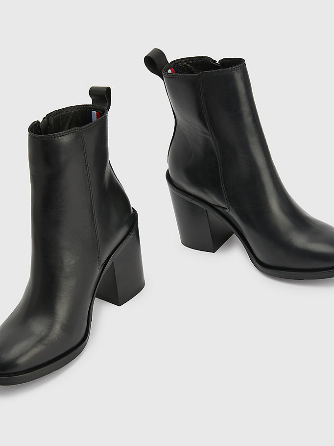 Strait shape line Leather Zip-Up Block Heel Ankle Boots | BLACK | Tommy Hilfiger