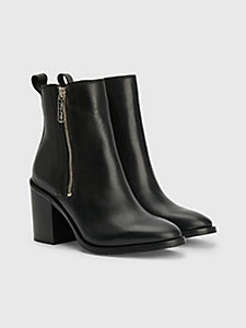 black leather zip-up block heel ankle boots for women tommy hilfiger