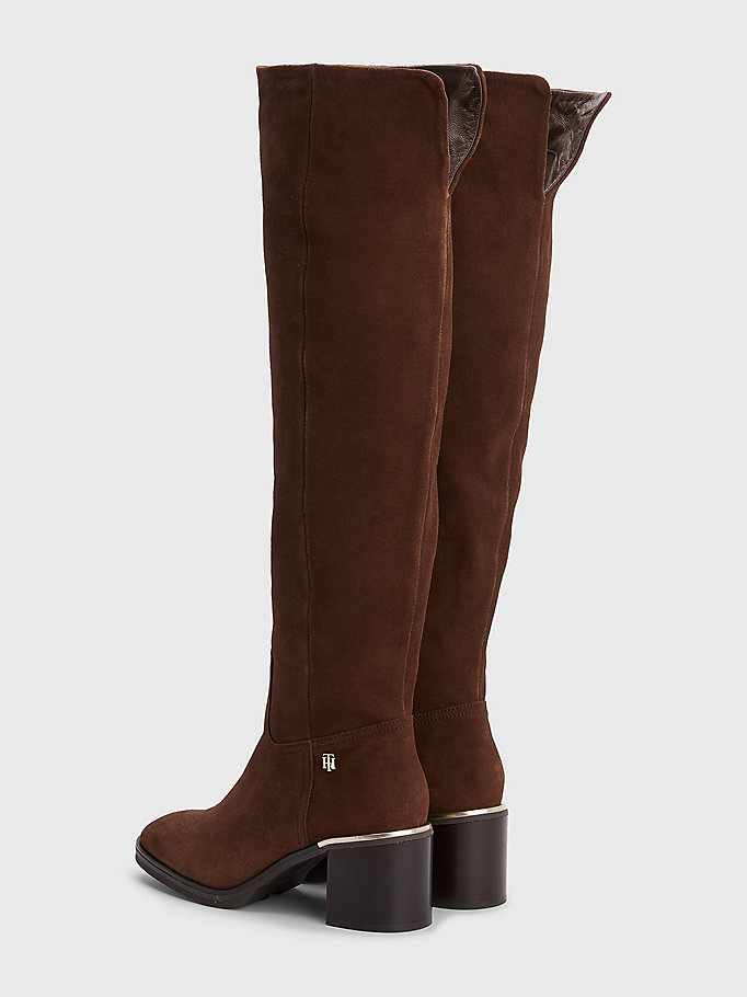 brown suede over-knee mid-heel boots for women tommy hilfiger