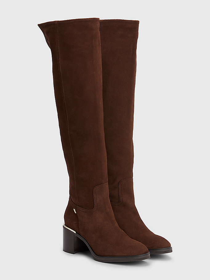 brown suede over-knee mid-heel boots for women tommy hilfiger