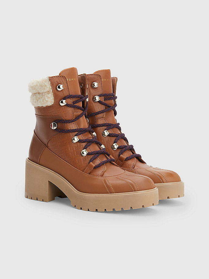 brown monogram lace-up cleat boots for women tommy hilfiger