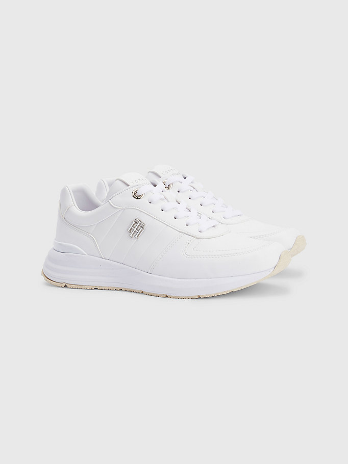 white monogram plaque lace-up trainers for women tommy hilfiger