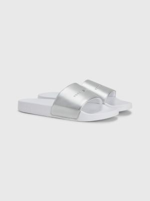 Metallic Strap Pool Slides WHITE Tommy Hilfiger