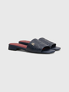 blue leather embossed monogram flat mules for women tommy hilfiger