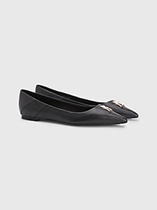 black pointed toe monogram plaque leather ballerinas for women tommy hilfiger