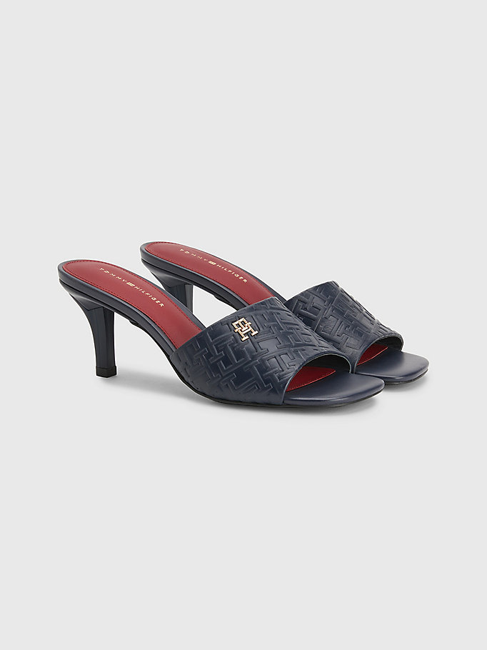 blue leather embossed monogram mid heel sandals for women tommy hilfiger