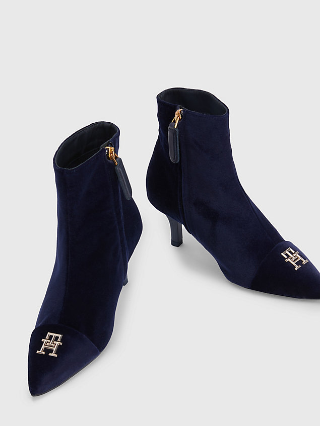 blue velvet pointed toe heeled ankle boots for women tommy hilfiger