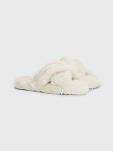 beige faux fur logo strap home slippers for women tommy hilfiger