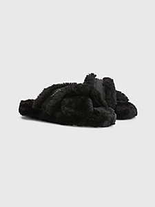 black faux fur logo strap home slippers for women tommy hilfiger