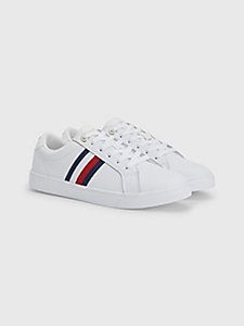 white essential stripe leather cupsole trainers for women tommy hilfiger