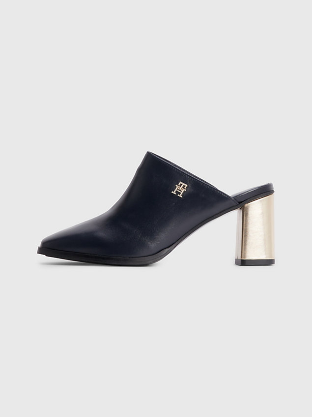 blue metallic block heel leather mules for women tommy hilfiger