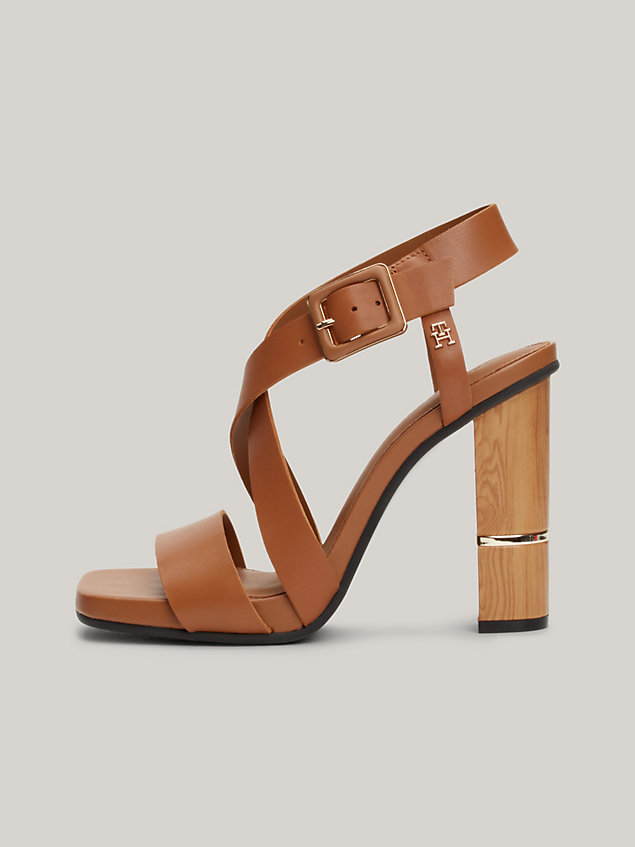 brown th monogram leather block high heels for women tommy hilfiger