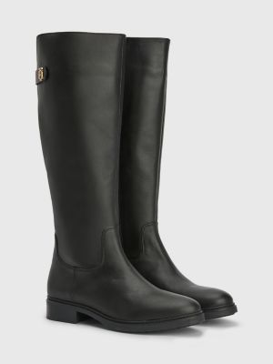 monogram plaque long leather boots