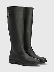black monogram plaque long leather boots for women tommy hilfiger