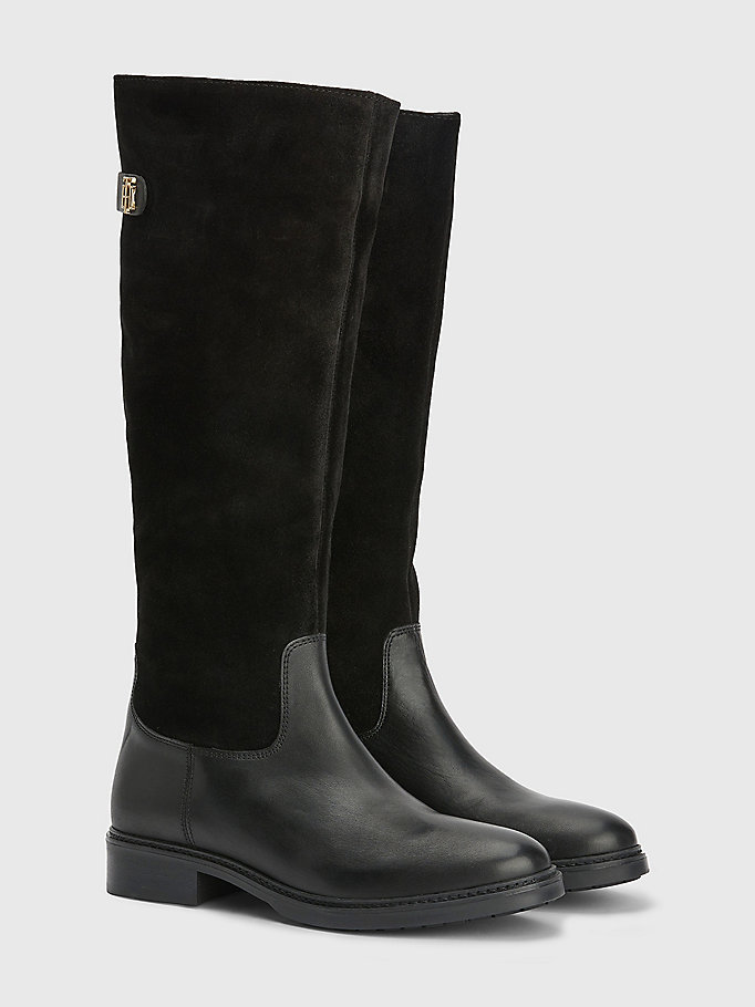 black monogram suede and leather knee-high boots for women tommy hilfiger