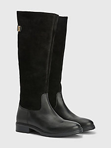 black monogram suede and leather knee-high boots for women tommy hilfiger