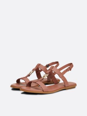 brown th monogram leather flat slingback sandals for women tommy hilfiger