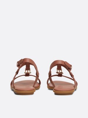 brown th monogram leather flat slingback sandals for women tommy hilfiger