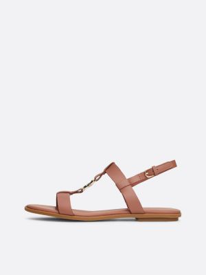 brown th monogram leather flat slingback sandals for women tommy hilfiger