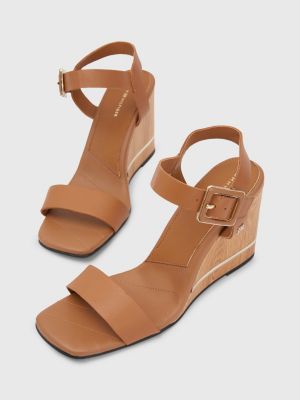 Leather Monogram Wedge Sandals, BROWN