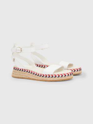 Leather Monogram Low Wedge Sandals, WHITE