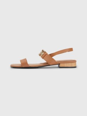 Leather Monogram Square Toe Flat Sandals | BROWN | Tommy Hilfiger