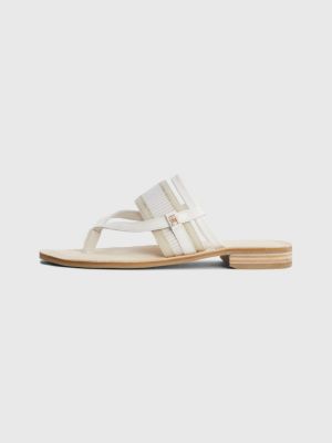 Leather Webbing Flat Mule Sandals Beige Tommy Hilfiger