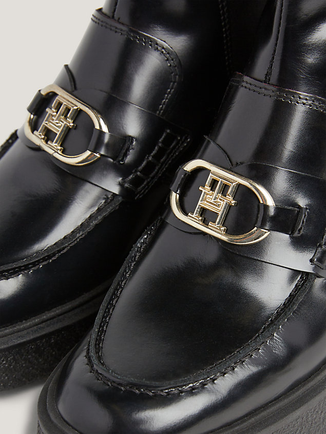 black th monogram lederstiefel im loafer-design für damen - tommy hilfiger