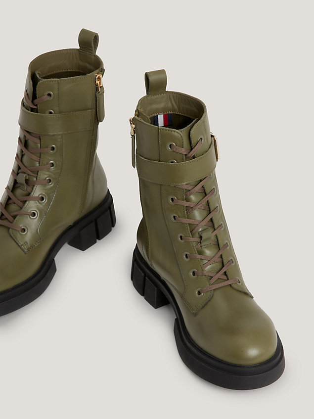 khaki leather lace-up cleat biker boots for women tommy hilfiger