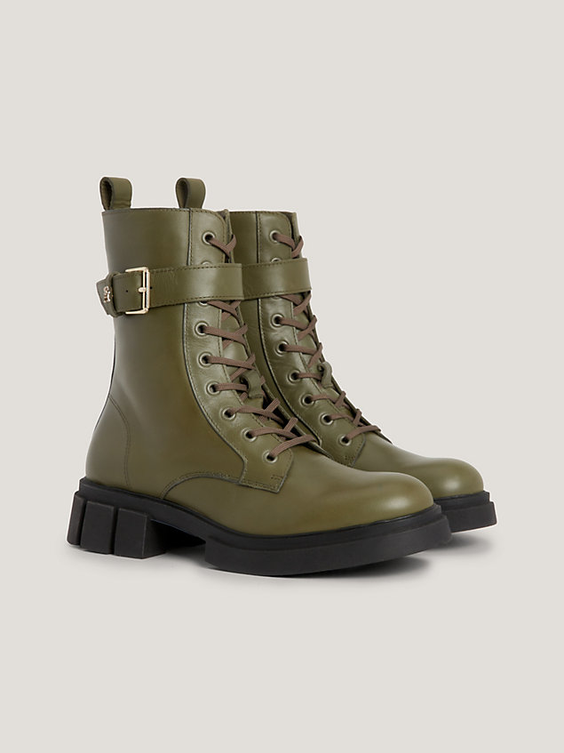 khaki leather lace-up cleat biker boots for women tommy hilfiger