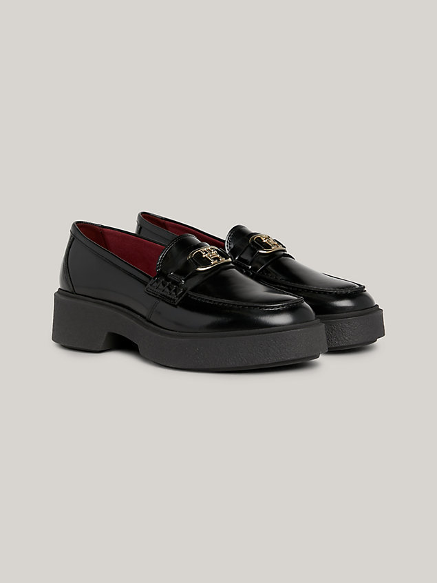 black th monogram leather flatform loafers for women tommy hilfiger
