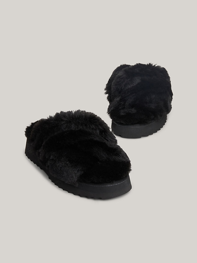 black premium textured strap slippers for women tommy hilfiger