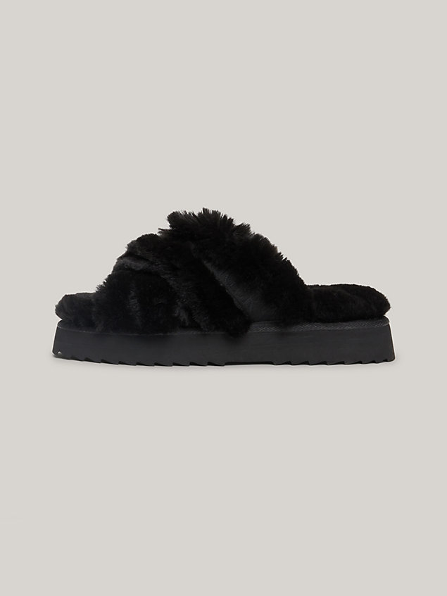 black premium textured strap slippers for women tommy hilfiger