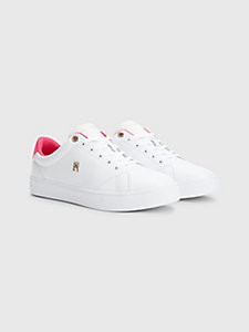 white elevated essential leather monogram court trainers for women tommy hilfiger