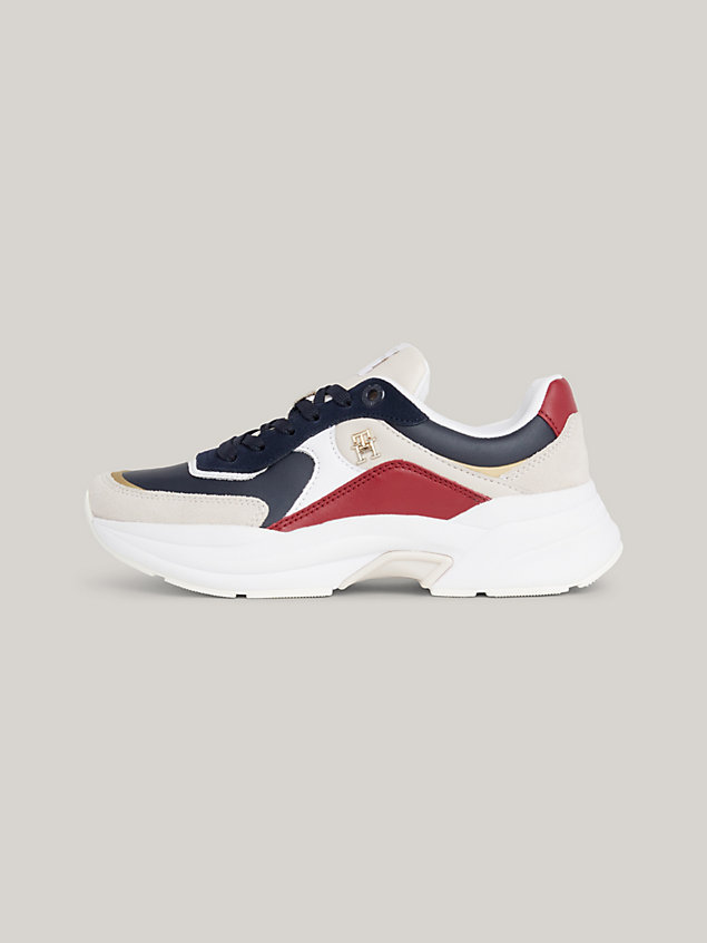 blue chunky colour-blocked leather runner trainers for women tommy hilfiger