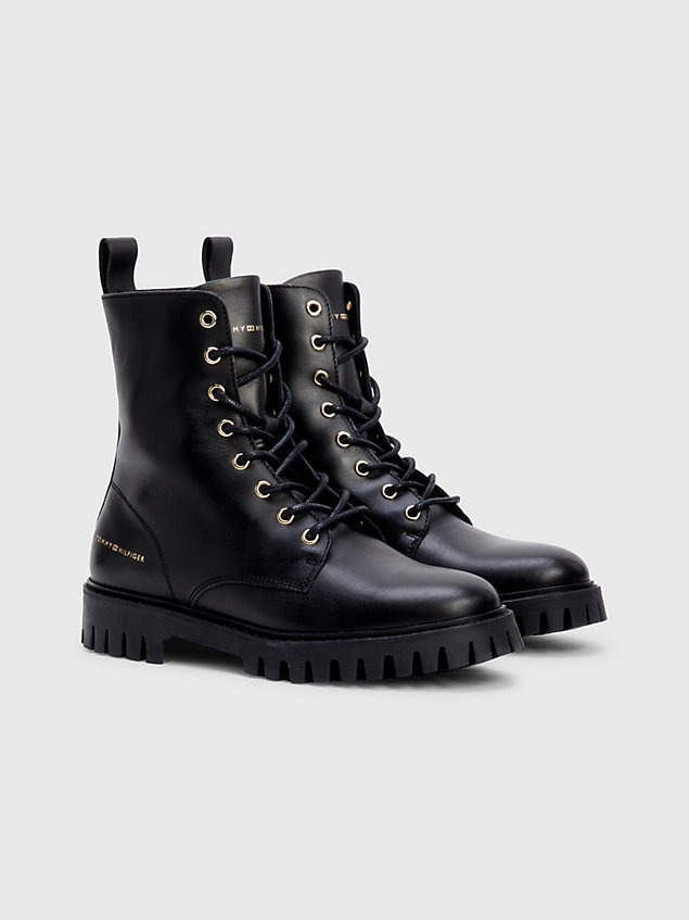 black leather cleat lace-up ankle boots for women tommy hilfiger