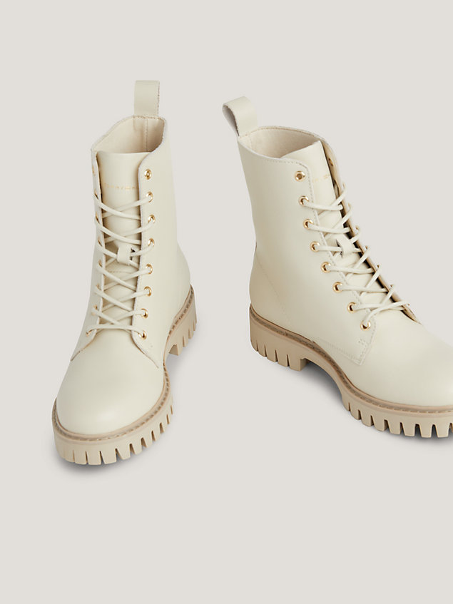 khaki leather cleat lace-up ankle boots for women tommy hilfiger