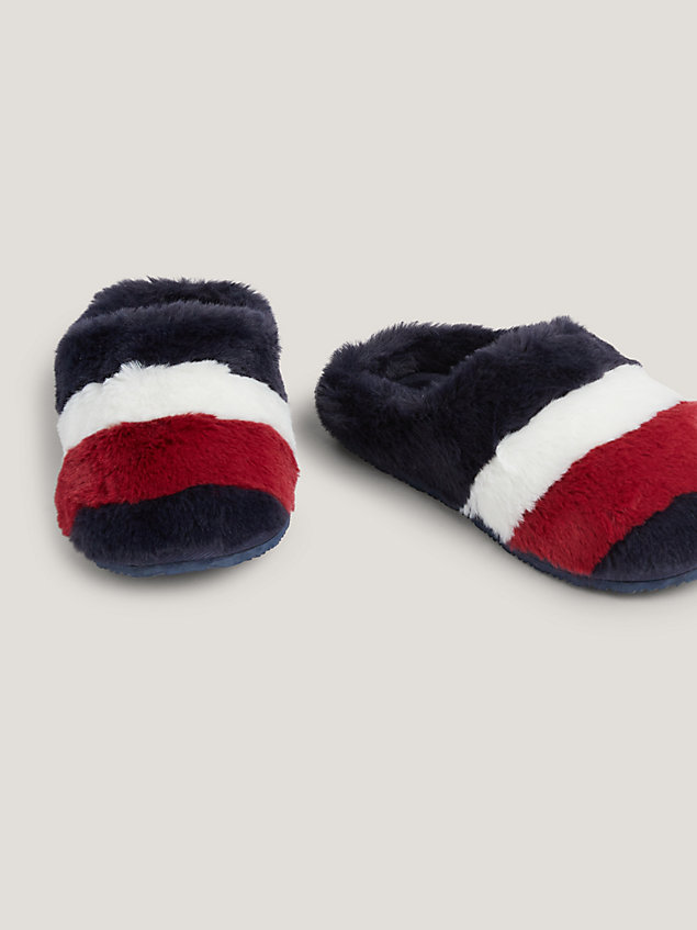blue faux fur signature home slippers for women tommy hilfiger