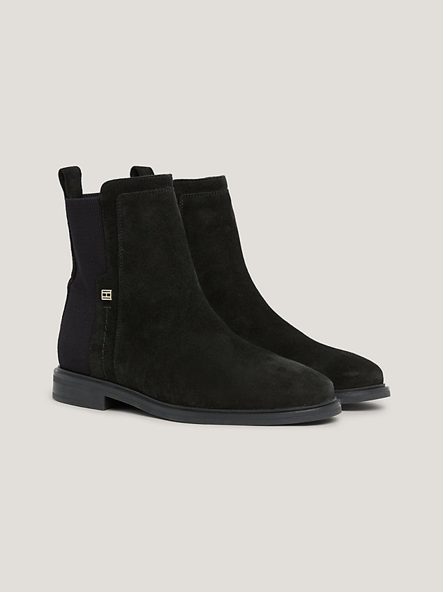 black essential suede flag plaque ankle boots for women tommy hilfiger