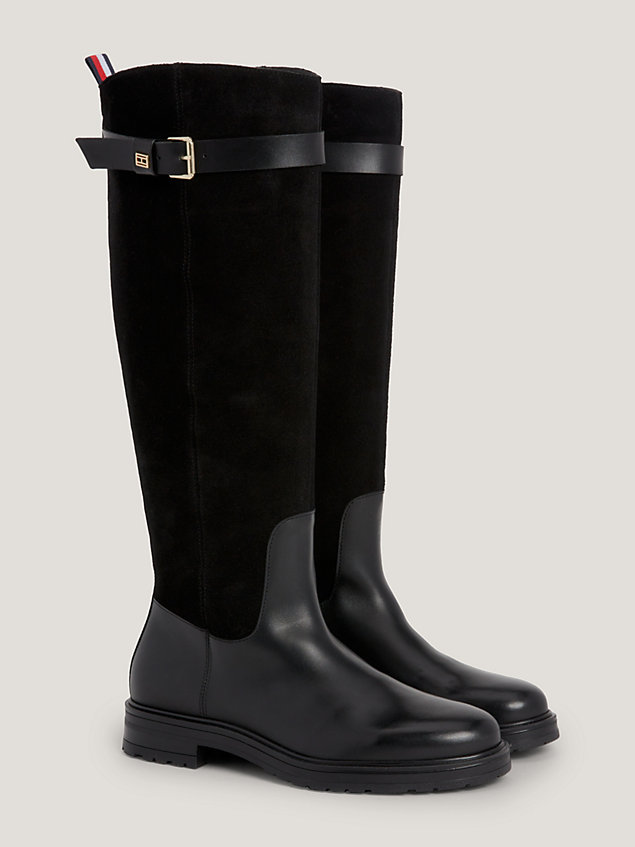 black essential belt detail leather knee-high boots for women tommy hilfiger