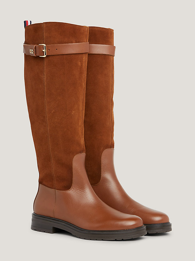brown essential belt detail leather knee-high boots for women tommy hilfiger